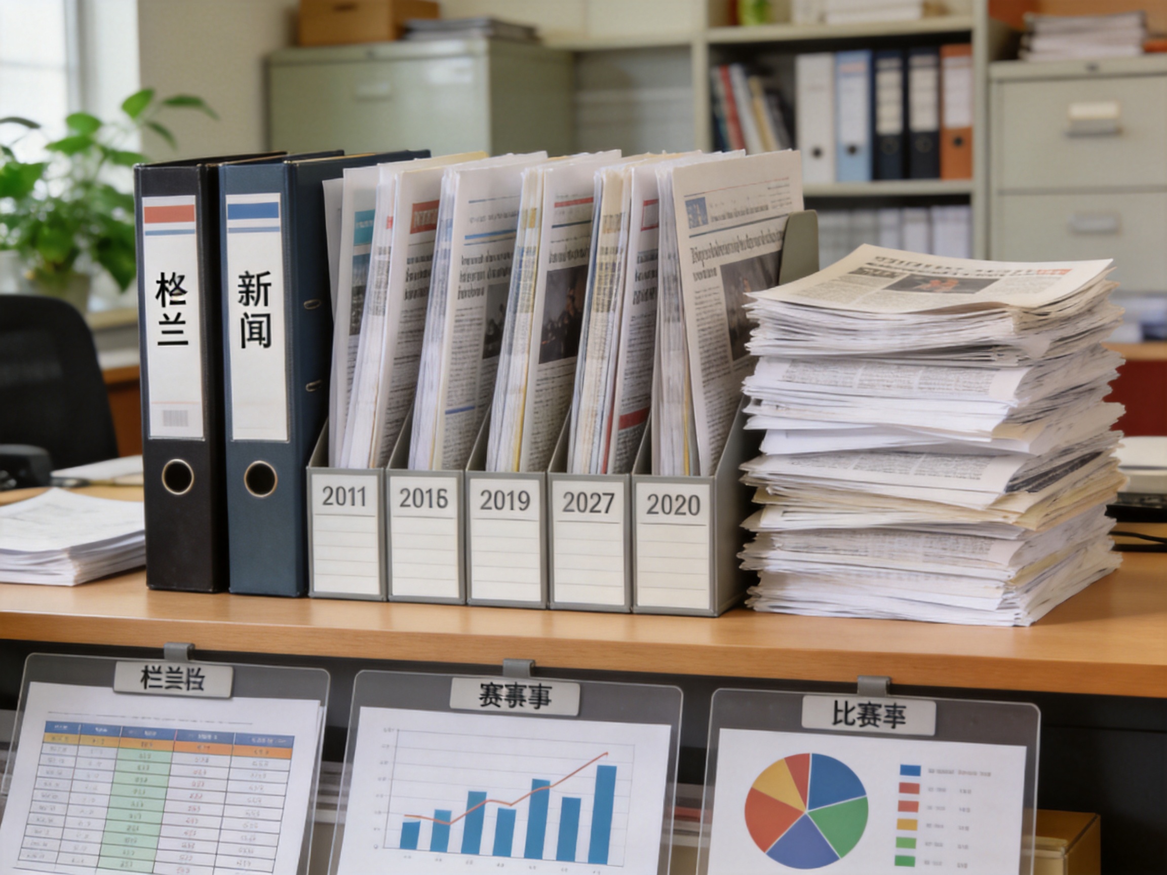 球队新闻栏目配图：编辑整理新闻稿与栏目分类的工作桌面，用于说明新闻内容的组织方式